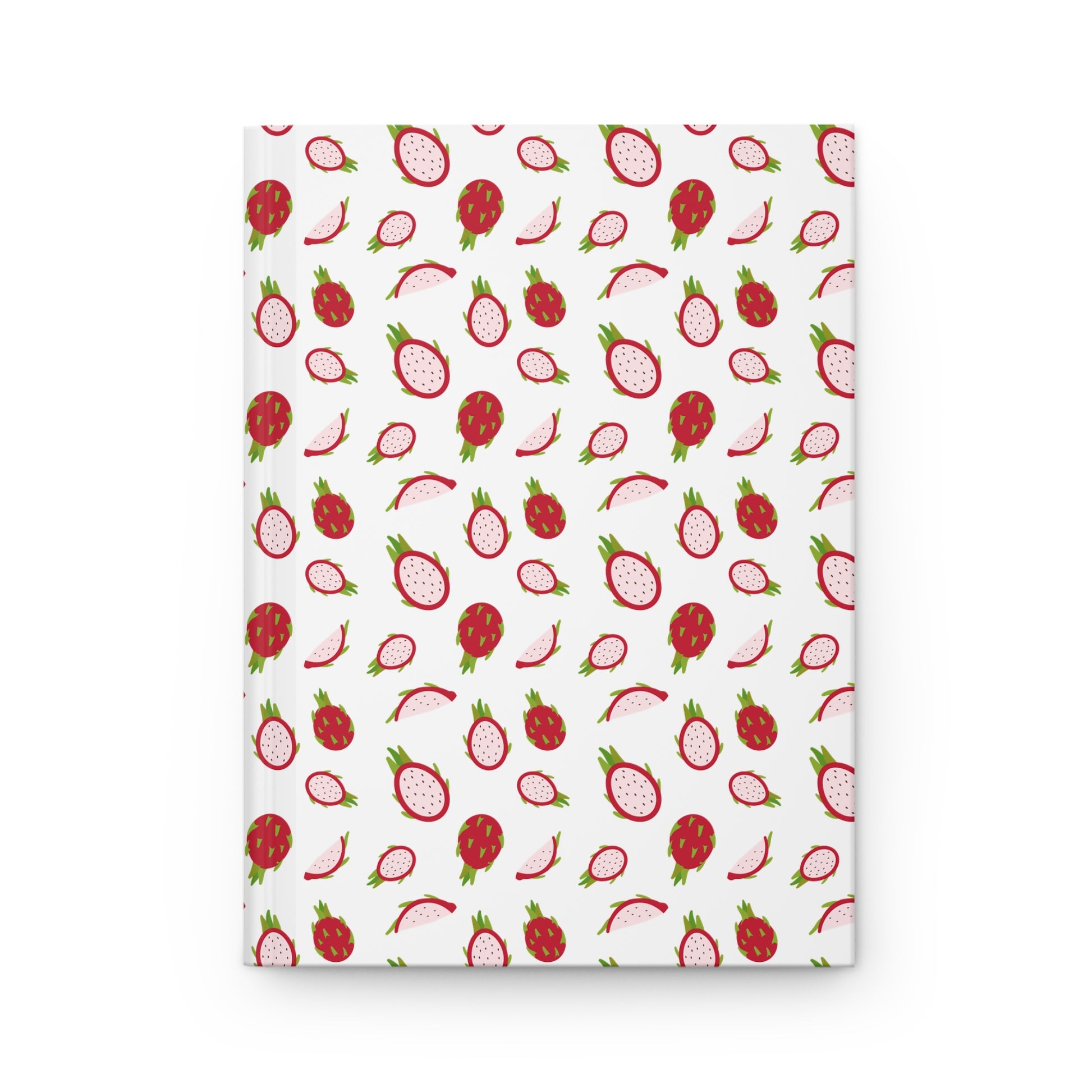 HARDCOVER JOURNAL, MATTE, RULED, 5X7, SEWN BIND, CLEAN-TEAR PAGES – DRAGONFRUIT: A closed journal featuring vibrant dragon fruit pattern on a durable matte cover, ideal for uplifting, organized note-taking.