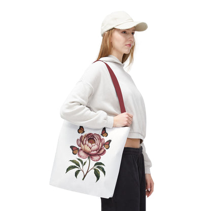 Botanical with Vintage-Inspired Illustration Tote Bag featuring vibrant flowers, intricate leaves, and butterflies, perfect for nature lovers and garden enthusiasts, adding a whimsical touch to everyday essentials.