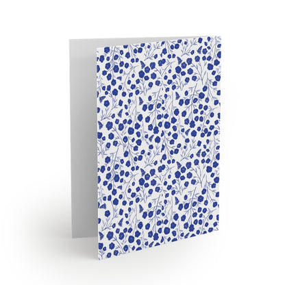 Floral Greeting Cards — Pack of 8/16/24 feature a matte-finish with blue blossoms and butterflies on white. Blank inside, each card includes a matching envelope, ready for personalized messages.