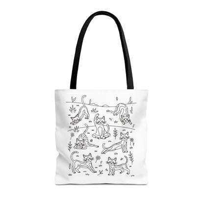 Yoga Cat Tote Bag featuring cats in yoga poses, perfect for errands. Durable polyester with reinforced handles, available in three sizes. Ideal for cat lovers and yoga fans.