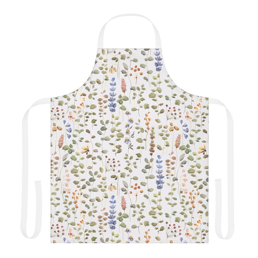 Apron, Wildflower Design, 5-Color Straps: A close-up of a stylish apron adorned with a vibrant wildflower pattern, showcasing its comfortable fit and protective features, ideal for cooking, baking, or artistic endeavors.