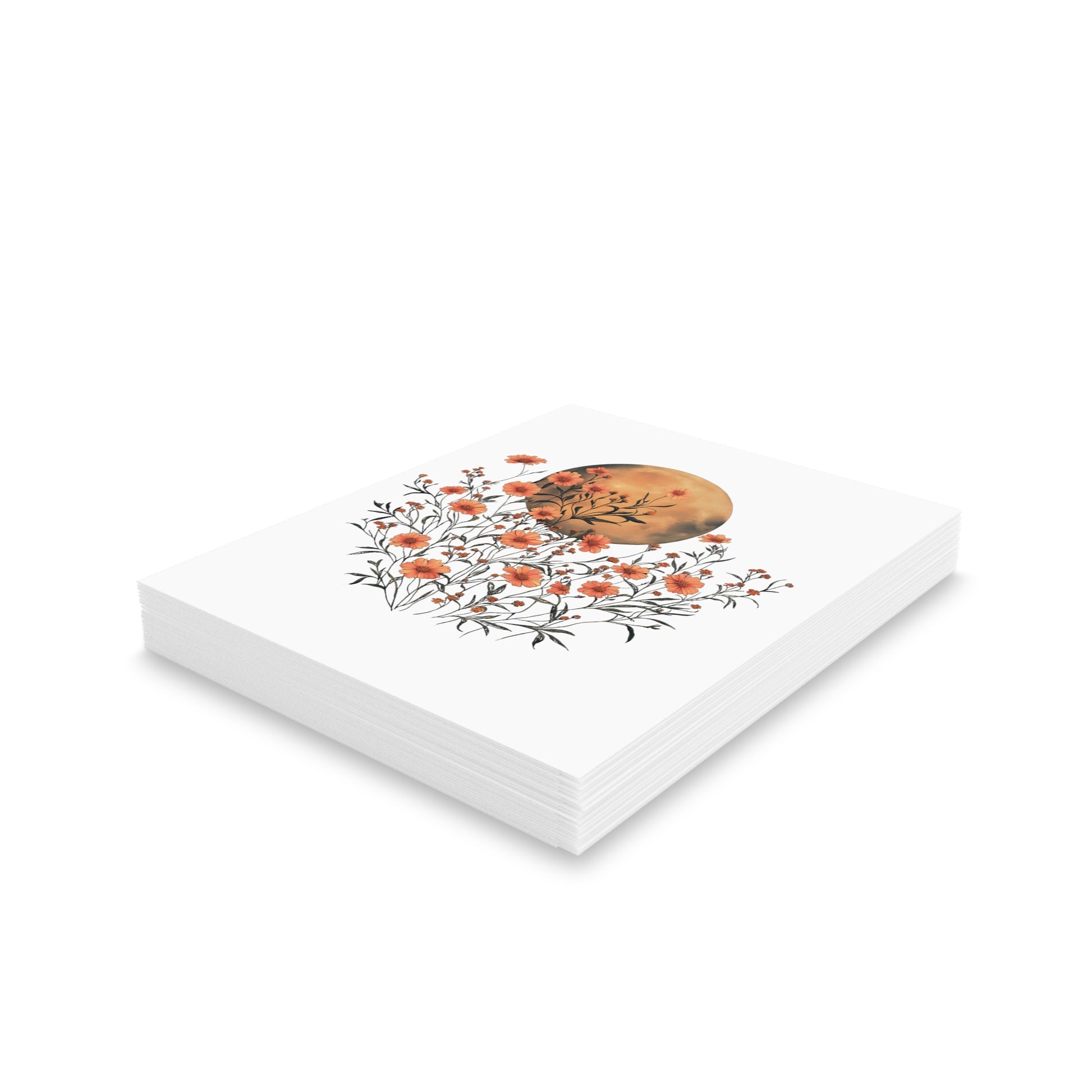 Moon Greeting Cards feature a botanical illustration with orange blossoms and a muted gold disk. Each card includes a matching envelope, offering elegance and personalization options. Available in packs of 8/16/24.