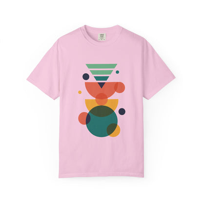 Geometric Abstract T-Shirt showcasing a vector-style design with colorful geometric shapes. This unisex garment-dyed tee offers a relaxed fit and modern vibe, epitomizing FireBrook Essentials' stylish and uplifting fashion.