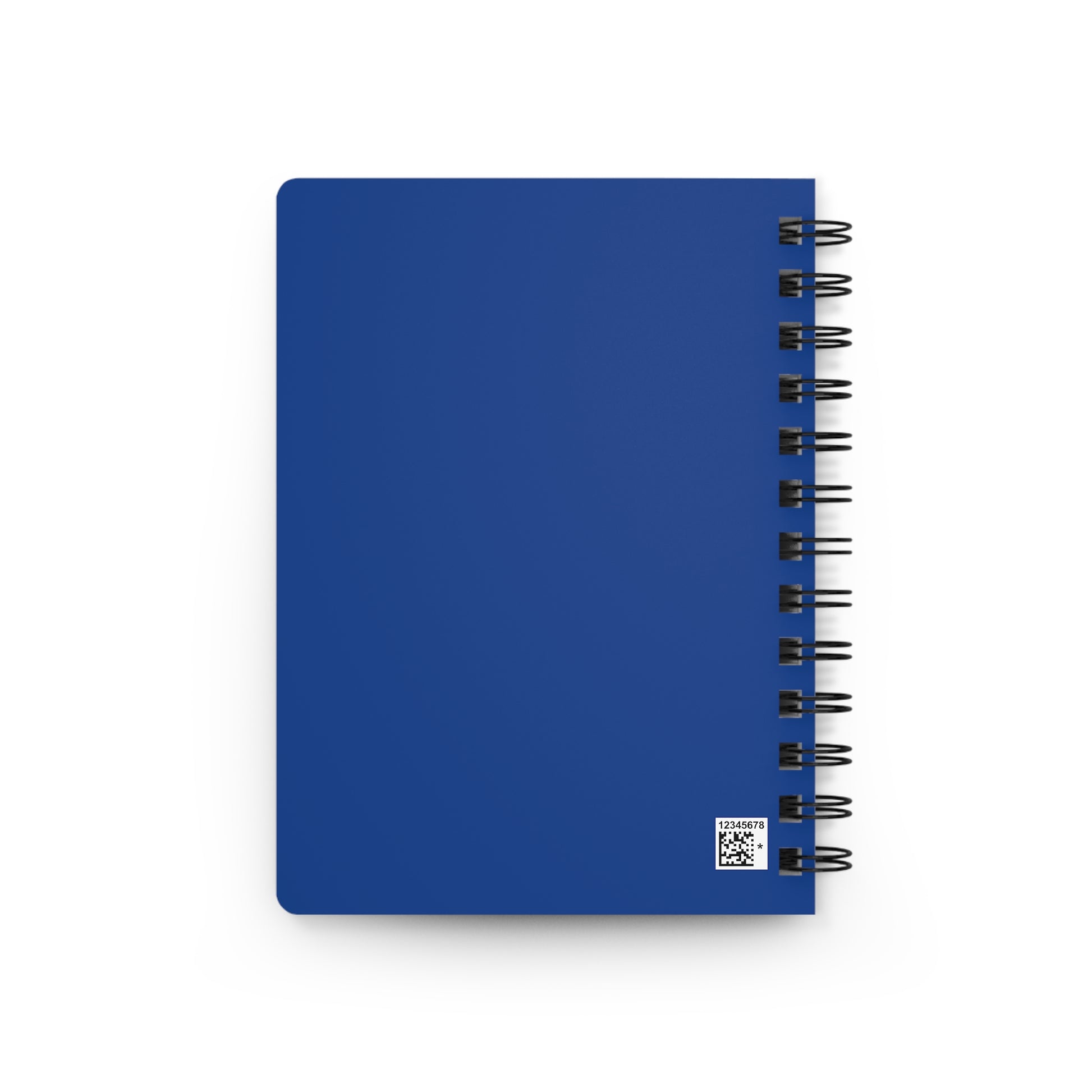 SPIRAL JOURNAL, DURABLE GLOSSY COVER, RULED, 5X7, PASTEL FIELD 002: Square, spiral-bound notebook with a deep blue cover, featuring a small label with numbers and a QR-style code in the corner.