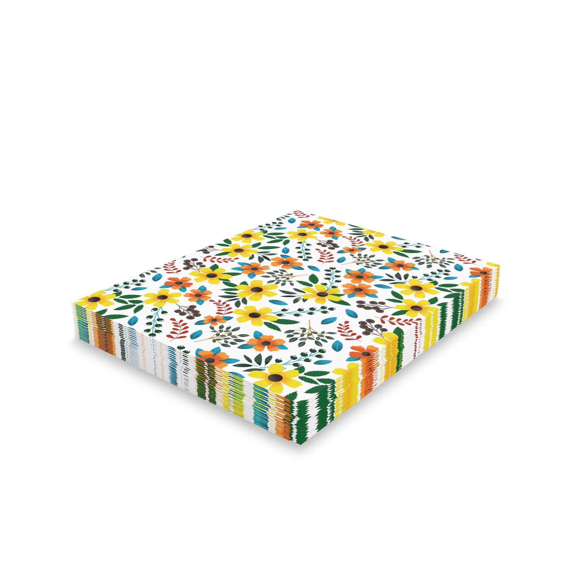 Floral Greeting Cards — Pack of 8/16/24, featuring vibrant yellow, orange, and green wildflowers on a white background. These folded cards come with matching envelopes, perfect for sending cheerful, personalized messages.