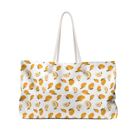 Mango Pattern Weekender Bag – Tropical Fruit Travel Tote showcases a vibrant mango design, perfect for summer getaways with its spacious interior, durable polyester, and comfortable rope handles, embodying FireBrook Designs' uplifting style.