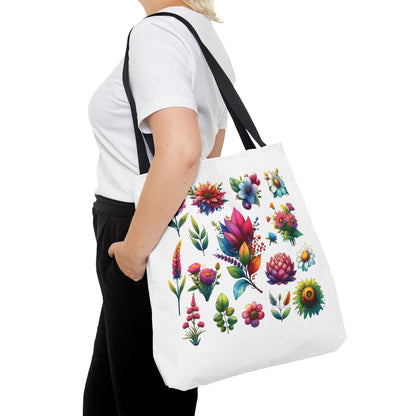 Floral Tote Bag held by a woman, featuring vibrant flower design, ideal for nature lovers seeking a durable, stylish accessory for everyday use.
