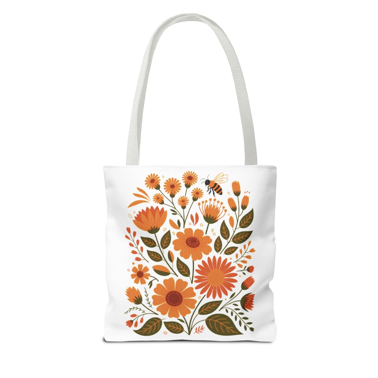 Folk Floral Tote Bag featuring vibrant hand-drawn wildflowers in warm hues on a white background, designed for everyday use. Available in three sizes with durable polyester fabric and reinforced handles.