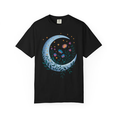 Crescent Moon with Flowers T-Shirt features a bohemian design perfect for nature lovers, showcasing durable double-needle stitching and a relaxed fit, aligning with FireBrook Essentials' uplifting and stylish apparel ethos.