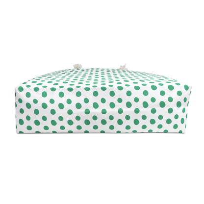 C Weekender Bag Green Polka Dots Travel Tote features vibrant green polka dots, a spacious T-bottom design, and sturdy rope handles, perfect for stylish weekend getaways and joyful travels.