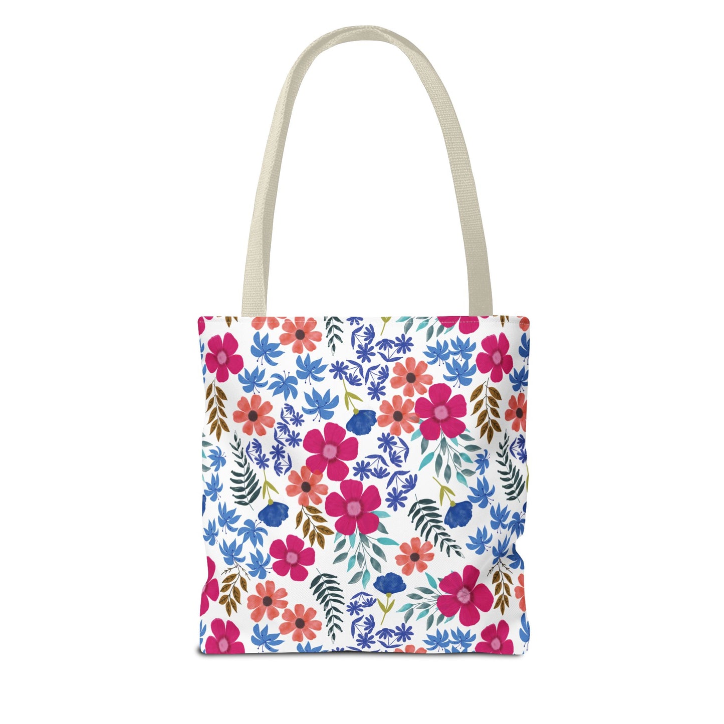 Floral Tote Bag featuring a vibrant, scattered floral pattern with pink, coral, and blue flowers on a white background. The natural-colored straps complement its cheerful design, perfect for summer outings and enhancing joyful style.