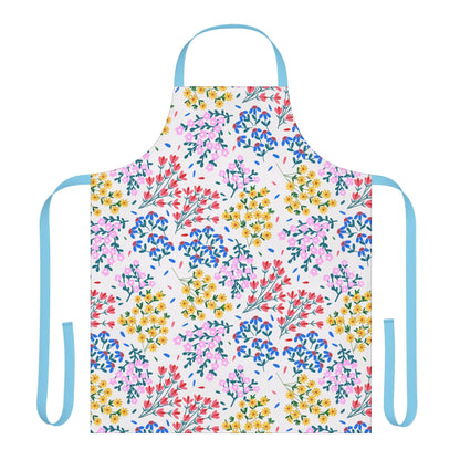 Floral Apron with vibrant scattered blossoms and light blue ties, offering full coverage and comfort. Crafted for style and utility, perfect for enhancing joyful cooking or crafting experiences.