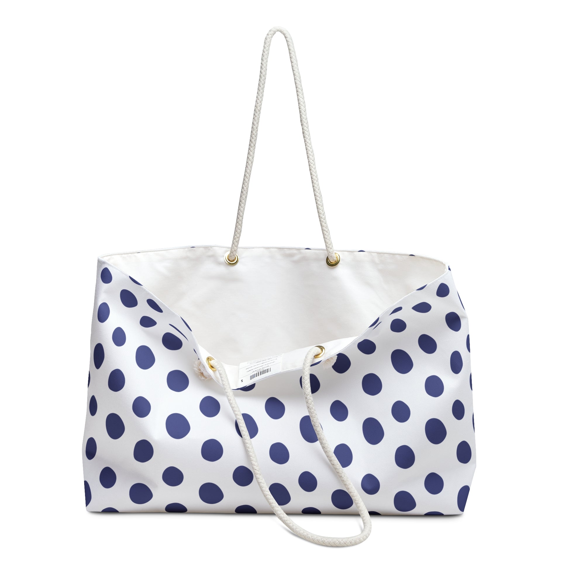 Weekender Bag - Blue Polka Dots Travel Tote features a stylish blue polka dot pattern, spacious interior, and durable rope handles, perfect for weekend adventures and carrying essentials comfortably and in style.