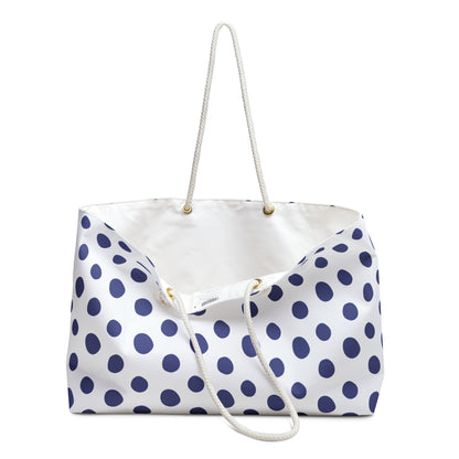 Weekender Bag - Blue Polka Dots Travel Tote features a stylish blue polka dot pattern, spacious interior, and durable rope handles, perfect for weekend adventures and carrying essentials comfortably and in style.