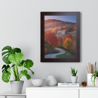 Vertical Poster - Countryside Fall Foliage Photography: A framed vertical poster showcasing vibrant fall colors with trees in red, orange, and yellow, printed on museum-grade paper, ideal for autumn-themed home decor.