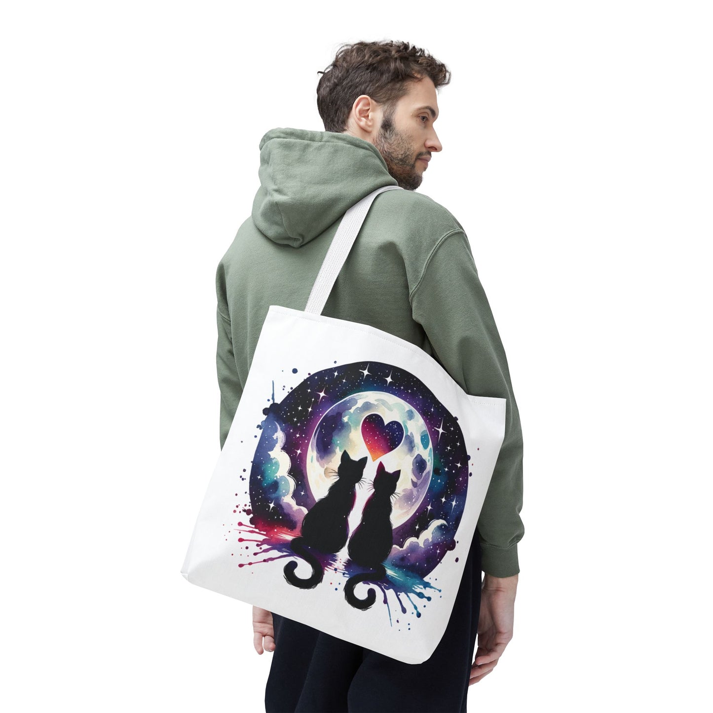 Copy of Cat Lovers Under the Moon Tote Bag: A durable, polyester tote featuring feline-themed charm, ideal for cat enthusiasts. Perfect for carrying essentials with reinforced handles and boxed corners for extra space.