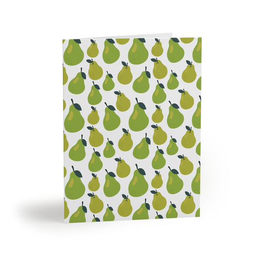 Pear Greeting Cards — Pack of 8/16/24, featuring a repeating pattern of stylized green pears on a crisp white background. These matte-finish cards include matching envelopes and offer optional interior printing.
