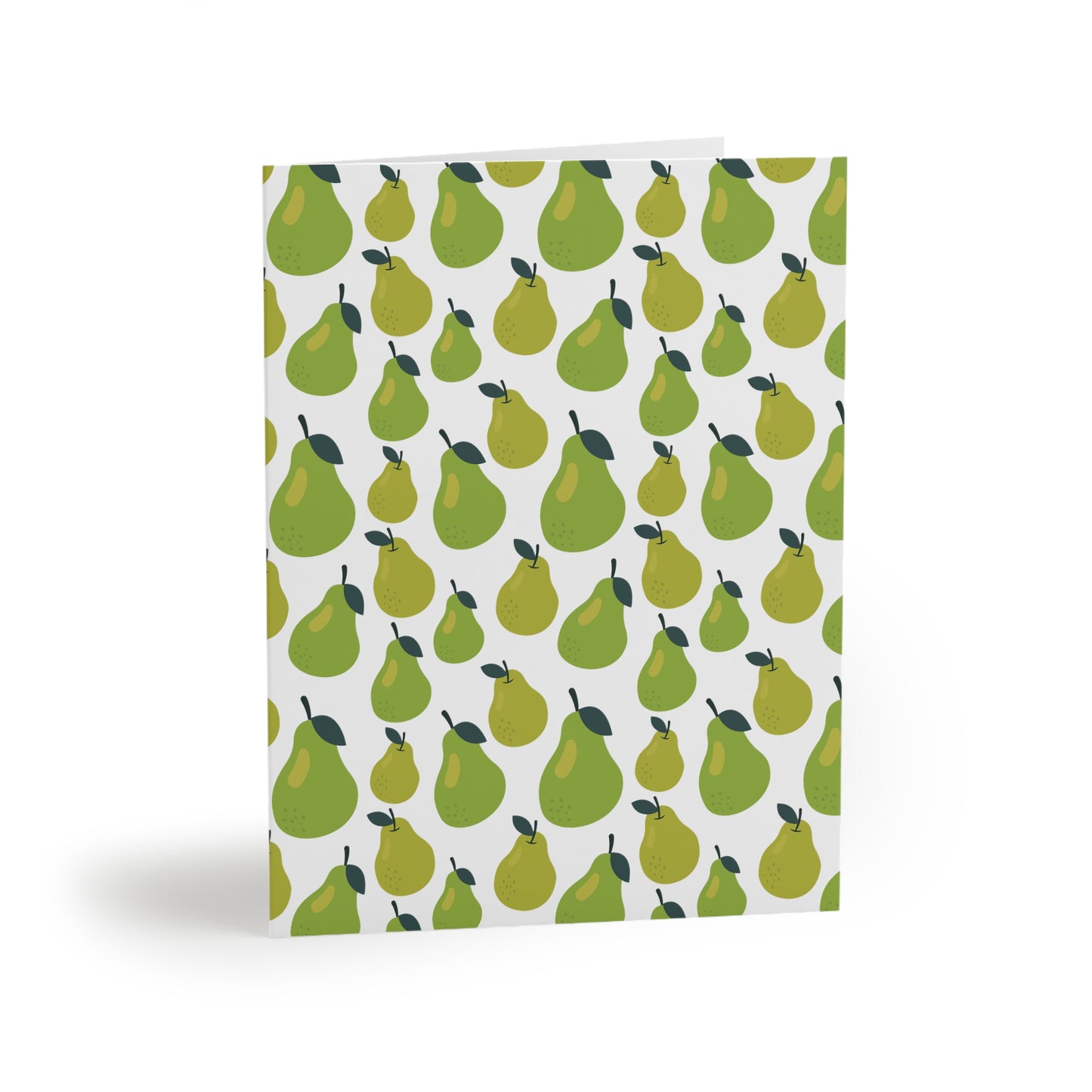 Pear Greeting Cards — Pack of 8/16/24, featuring a standing card with a repeating pattern of stylized green pears on a white background, offering a cheerful, garden-inspired design with a matte finish.