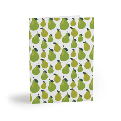 Pear Greeting Cards — Pack of 8/16/24, featuring a matte-finish with vibrant green pears on a white background, embodying FireBrook Designs' uplifting style. Each card includes a matching white envelope.