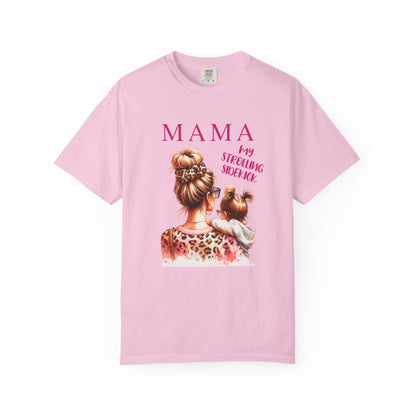 MAMA - My Strolling Sidekick T-Shirt: Unisex garment-dyed tee with 'MAMA - My Strolling Sidekick' design, offering a relaxed fit and classic crew neckline, embodying warmth and mother-child bonding.