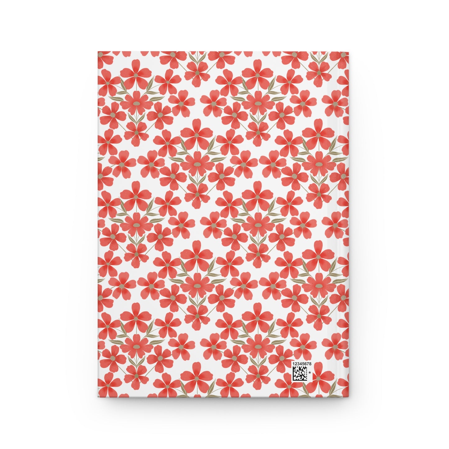 HARDCOVER JOURNAL, MATTE, RULED, 5X7, SEWN BIND, CLEAN-TEAR PAGES - FLORAL GRID features a coral-red floral pattern on a white matte cover with a subtle QR-code-style graphic in the corner.