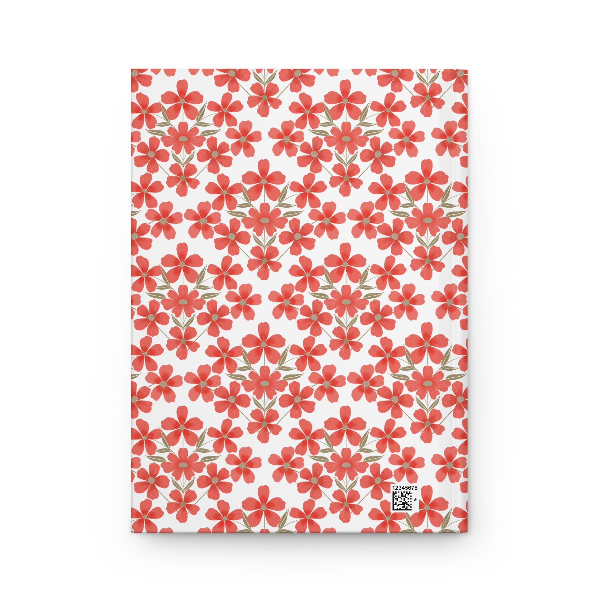 HARDCOVER JOURNAL, MATTE, RULED, 5X7, SEWN BIND, CLEAN-TEAR PAGES - FLORAL GRID features a coral-red floral pattern on a white matte cover with a subtle QR-code-style graphic in the corner.