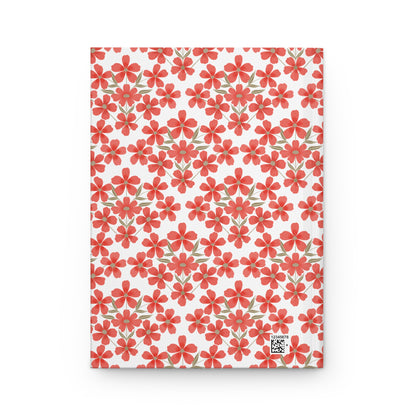 HARDCOVER JOURNAL, MATTE, RULED, 5X7, SEWN BIND, CLEAN-TEAR PAGES - FLORAL GRID features a coral-red floral pattern on a white matte cover with a subtle QR-code-style graphic in the corner.
