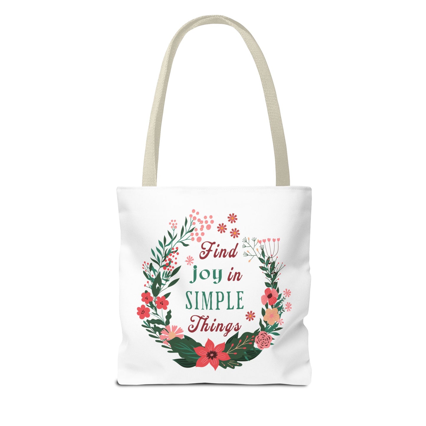 Find Joy in Simple Things Tote Bag featuring a watercolor floral wreath design, ideal for everyday use with reinforced handles and multiple size options.