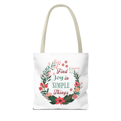 Find Joy in Simple Things Tote Bag featuring a watercolor floral wreath design, ideal for everyday use with reinforced handles and multiple size options.