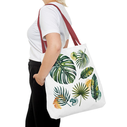 Tropical Leaves Tote Bag featuring a vibrant leaf pattern, ideal for beach trips or shopping. Spacious and durable with reinforced handles, embodying FireBrook Designs' blend of style and practicality.