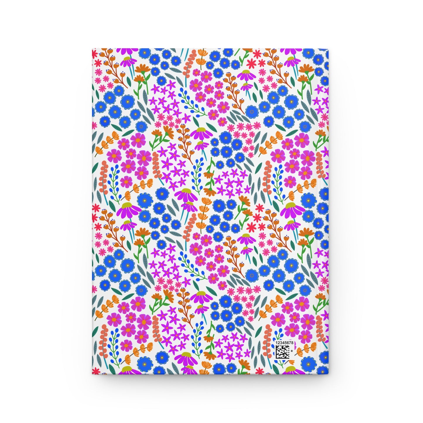 HARDCOVER JOURNAL, MATTE, RULED, 5X7, SEWN BIND, CLEAN-TEAR PAGES – WILDFLOWER PARADE features a bright floral pattern with a QR-style graphic, embodying FireBrook Designs' uplifting and stylish essence.
