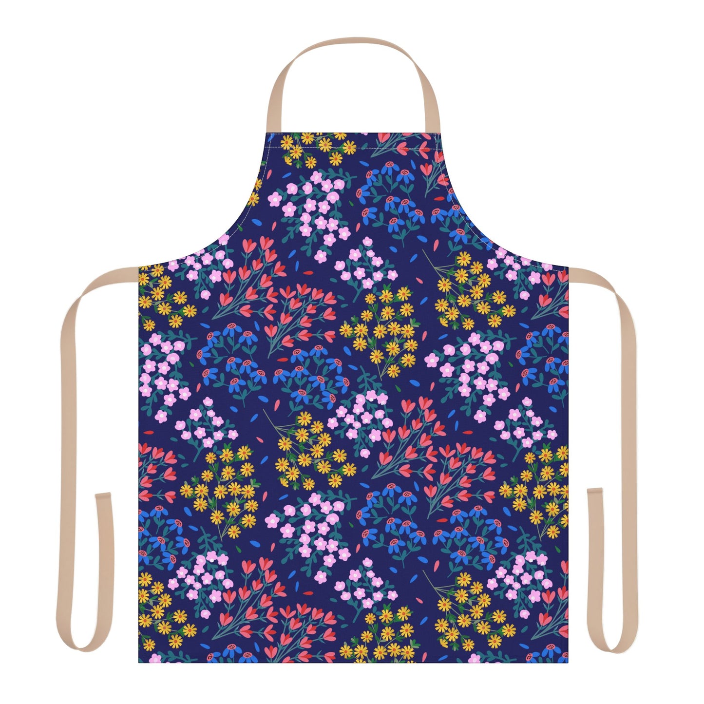 Floral Apron from FireBrook Designs: A stylish, stain-free deep navy apron with a vibrant multicolored floral pattern, beige neck strap, and waist ties, perfect for cooking or crafting.