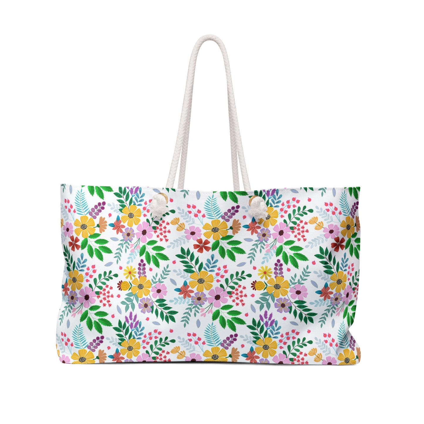 Weekender Bag with a bright floral-and-foliage pattern and thick rope handles, featuring a spacious 24 x 13 design and luxurious cream interior, perfect for stylish travel.
