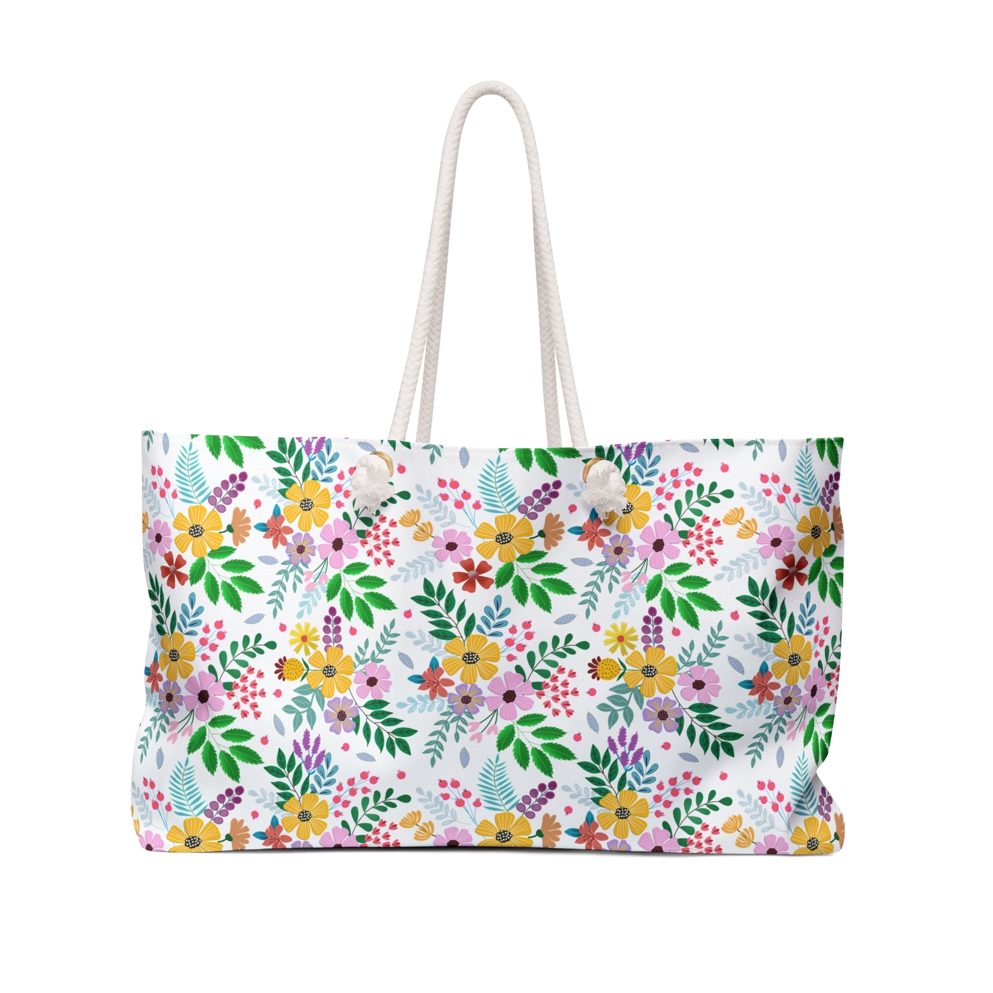 Weekender Bag with a bright floral-and-foliage pattern and thick rope handles, featuring a spacious 24 x 13 design and luxurious cream interior, perfect for stylish travel.