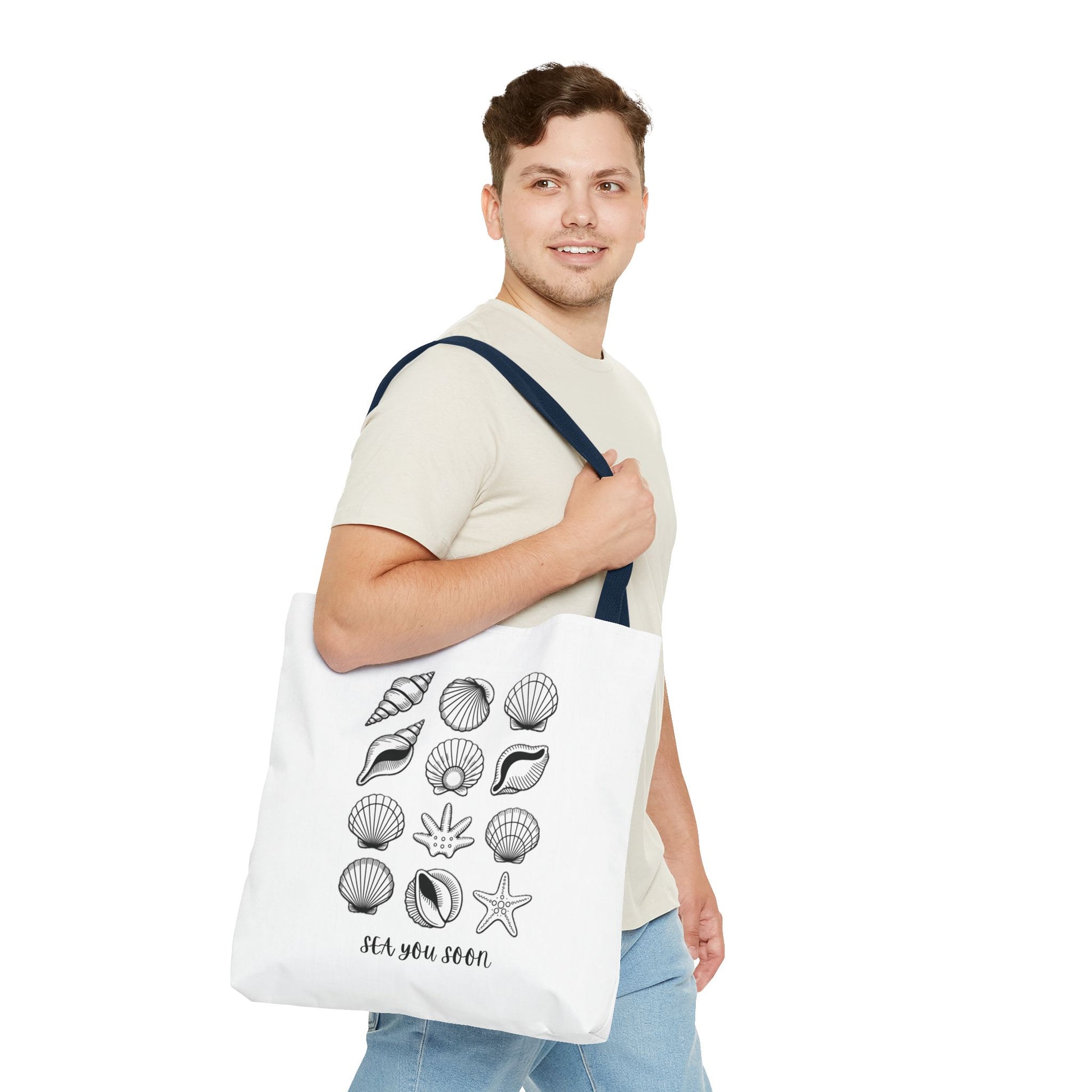 Sea Shells Tote Bag featuring a beachy design with durable polyester fabric and reinforced stitching, ideal for seaside trips. Available in various sizes, perfect for carrying essentials on sunny outings.