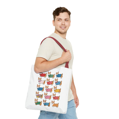 Cheerful Corgi Cartoon Style Dog Lover Tote Bag, featuring cute Corgis in playful outfits, perfect for dog lovers. Durable polyester with reinforced handles, ideal for everyday use. Available in multiple sizes.