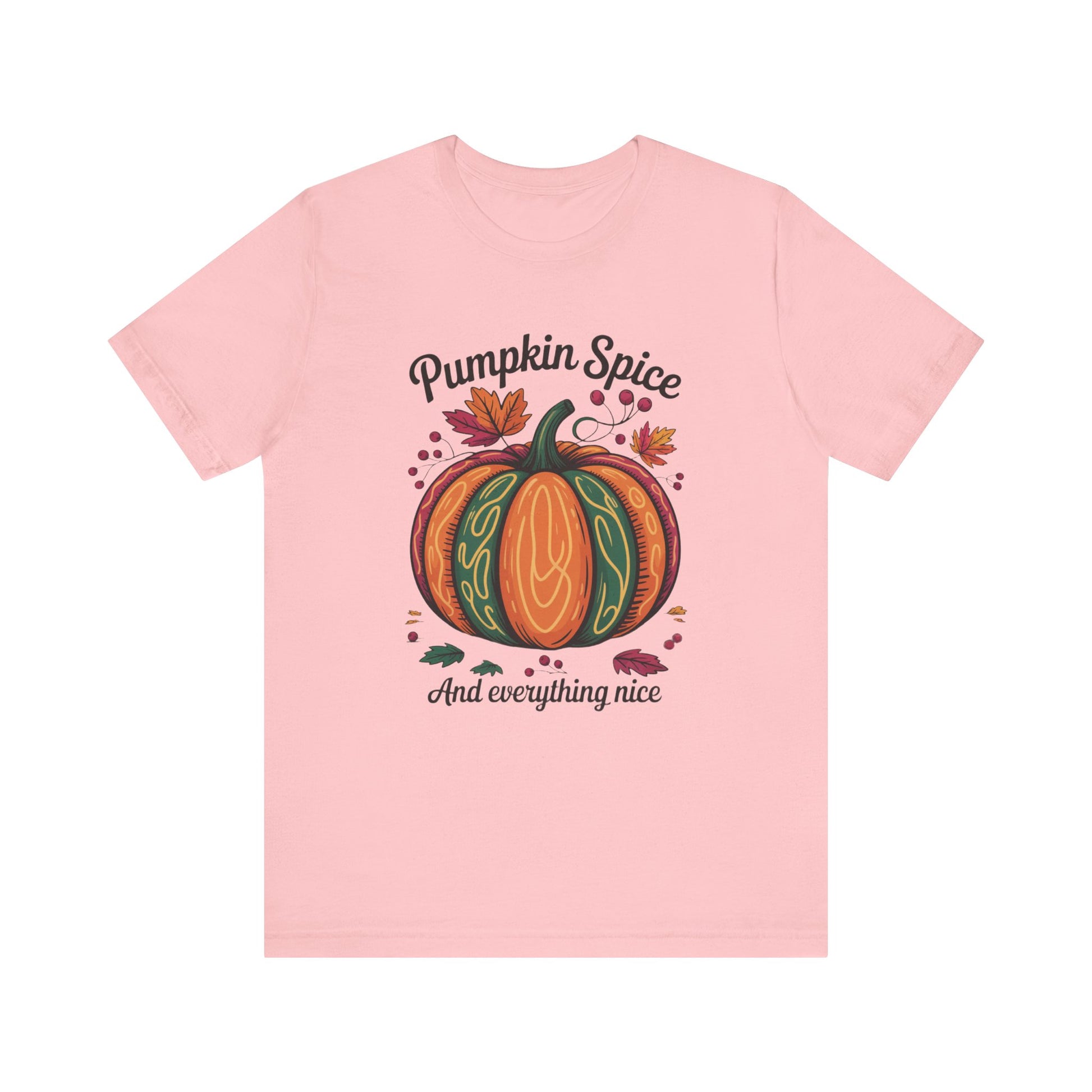 Pumpkin Spice and Everything Nice Fall Thanksgiving Bella+Canvas Unisex T-Shirt featuring autumnal design, perfect for cozy fall celebrations. Ideal for lovers of pumpkin spice and sweater weather, embodying FireBrook Essentials' joyful style.