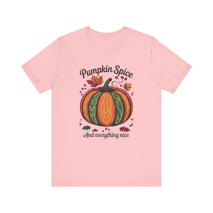 Pumpkin Spice and Everything Nice Fall Thanksgiving Bella+Canvas Unisex T-Shirt featuring autumnal design, perfect for cozy fall celebrations. Ideal for lovers of pumpkin spice and sweater weather, embodying FireBrook Essentials' joyful style.