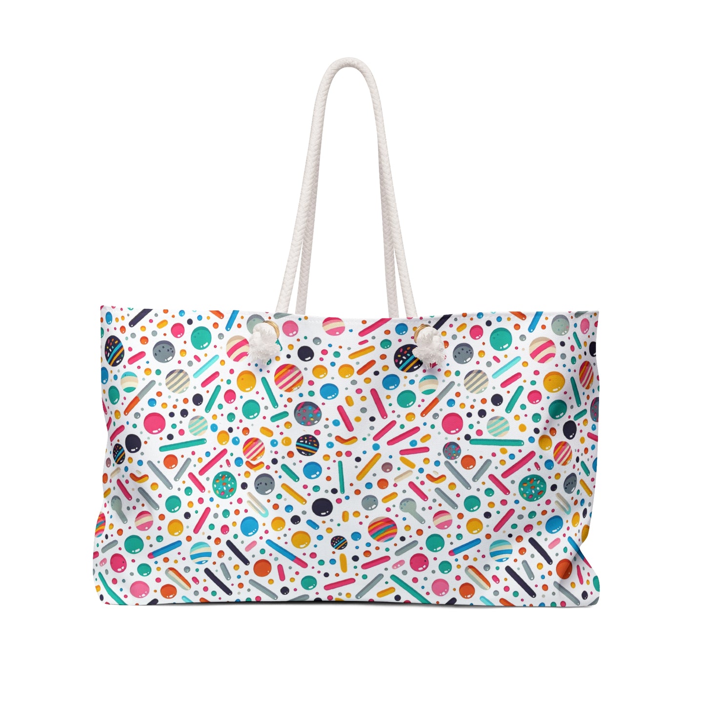 Colorful Abstract Confetti Pattern Weekender Bag – Fun & Playful Travel Tote with vibrant dots, stripes, and shapes, featuring durable spun polyester and rope handles. Ideal for joyful, stylish getaways.