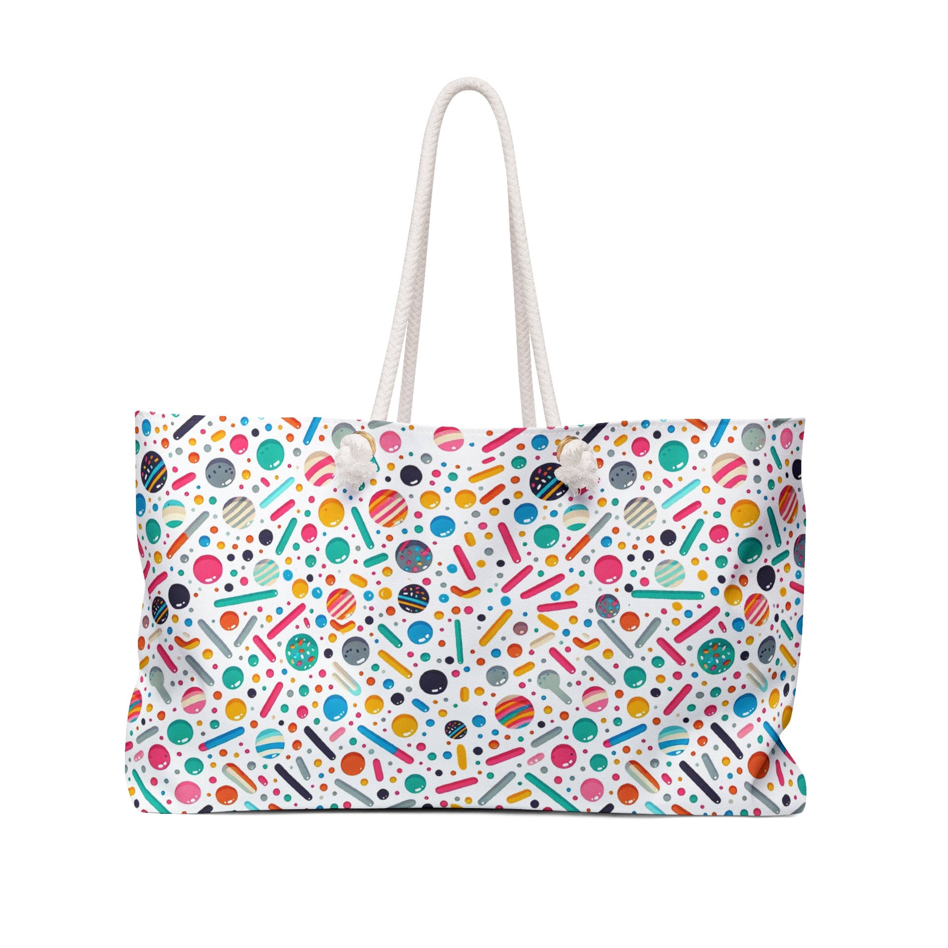 Colorful Abstract Confetti Pattern Weekender Bag – Fun & Playful Travel Tote with vibrant dots, stripes, and shapes, featuring durable spun polyester and rope handles. Ideal for joyful, stylish getaways.