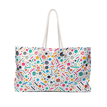 Colorful Abstract Confetti Pattern Weekender Bag – Fun & Playful Travel Tote with vibrant dots, stripes, and shapes, featuring durable spun polyester and rope handles. Ideal for joyful, stylish getaways.