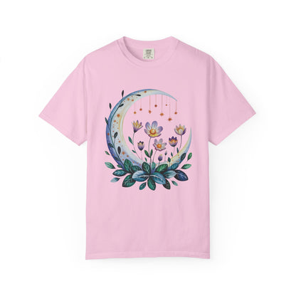 Crescent Moon Floral T-Shirt showcasing a bohemian floral design, exuding a dreamy vibe with double-needle stitching and a relaxed fit, epitomizing FireBrook Essentials' stylish and comfortable apparel ethos.
