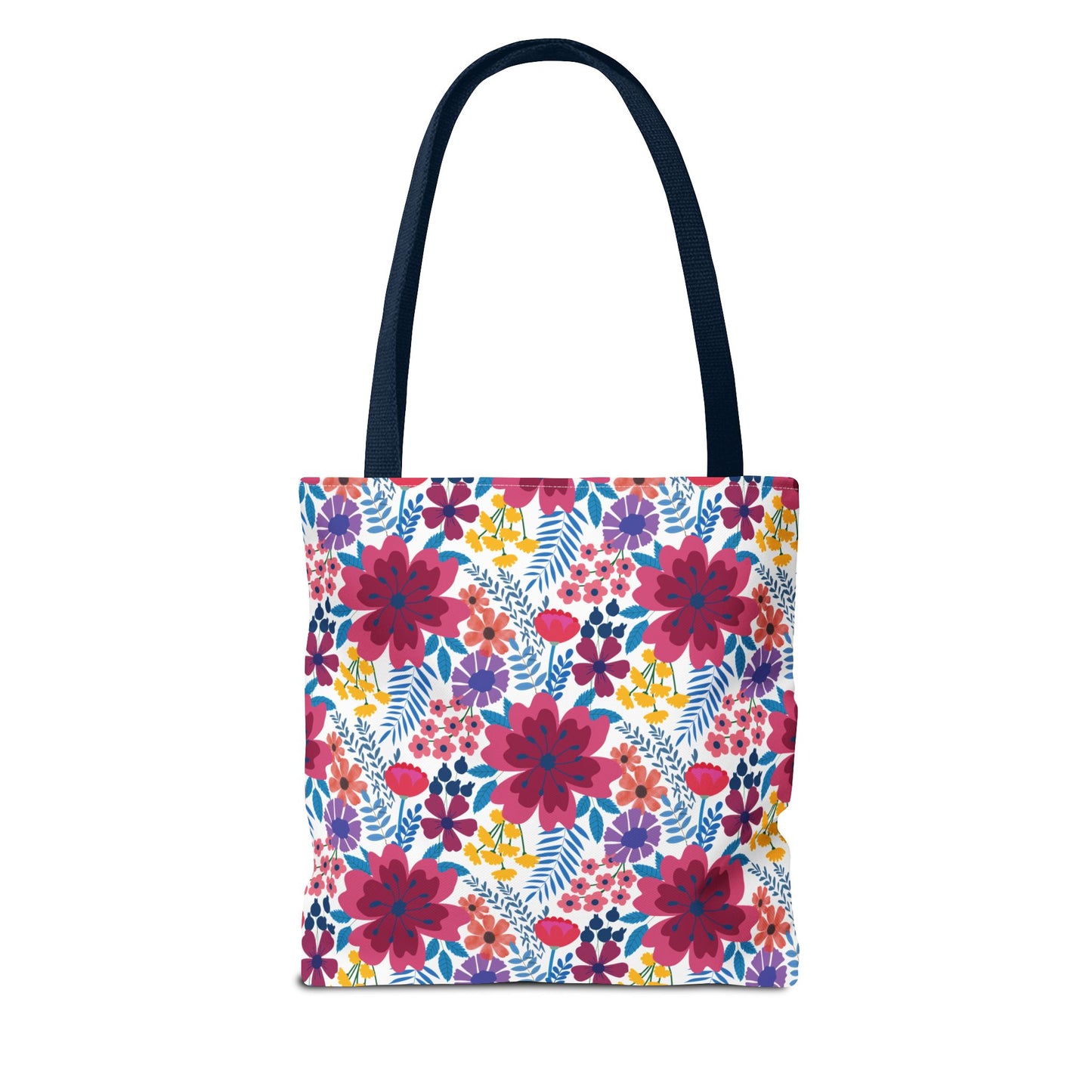 Floral Tote Bag with dark navy straps, featuring vibrant pink, purple, and red flowers with blue leaves on a white background. Ideal for summer outings, reflecting FireBrook Essentials' uplifting and joyful design ethos.