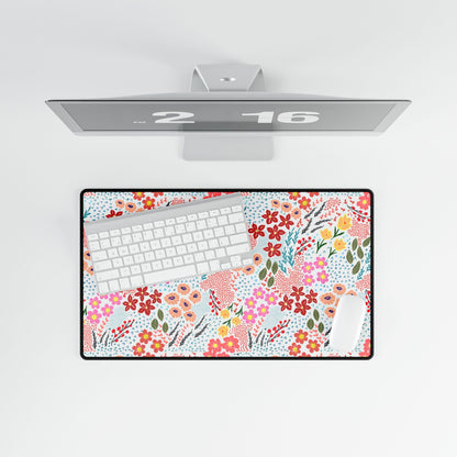 Desk Mats - Garden Floral Pattern: Top-down view of vibrant, floral-patterned mat under a white keyboard and mouse, adding elegance and nature-inspired color to your minimalist workstation.