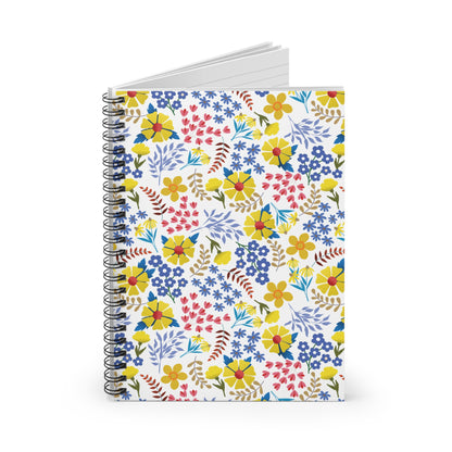 Floral Spiral Notebook with a bright ditsy floral cover, features sleek metal spiral binding and compact size, ideal for jotting notes or sketches, reflecting FireBrook Designs' joyful and uplifting style.