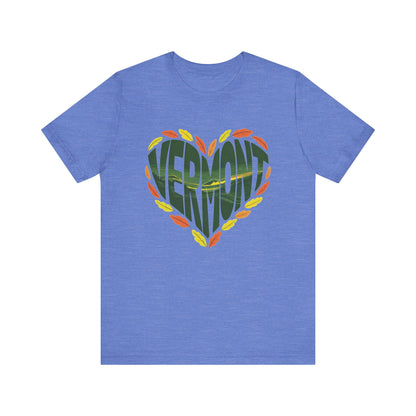 Vermont Love Bella+Canvas Unisex T-Shirt displaying a relaxed, outdoorsy aesthetic with a retail fit, featuring shoulder tape and a ribbed knit collar, ideal for nature enthusiasts and casual wear.