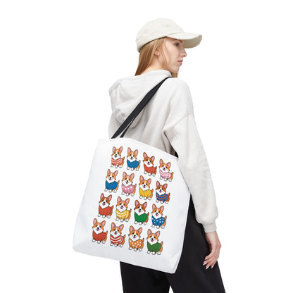Corgi Grid Tote Bag - Cheerful Cartoon Style Dog Lover Shoulder Bag features adorable cartoon Corgis in colorful outfits, perfect for everyday use. Durable polyester with boxed corners and reinforced handles.