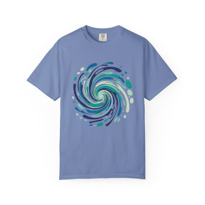 Ocean Waves Abstract T-Shirt featuring an intricate swirl of fluid lines, capturing oceanic energy. Ideal for summer beach outings, this stylish piece embodies FireBrook Essentials' commitment to uplifting, artistic apparel.