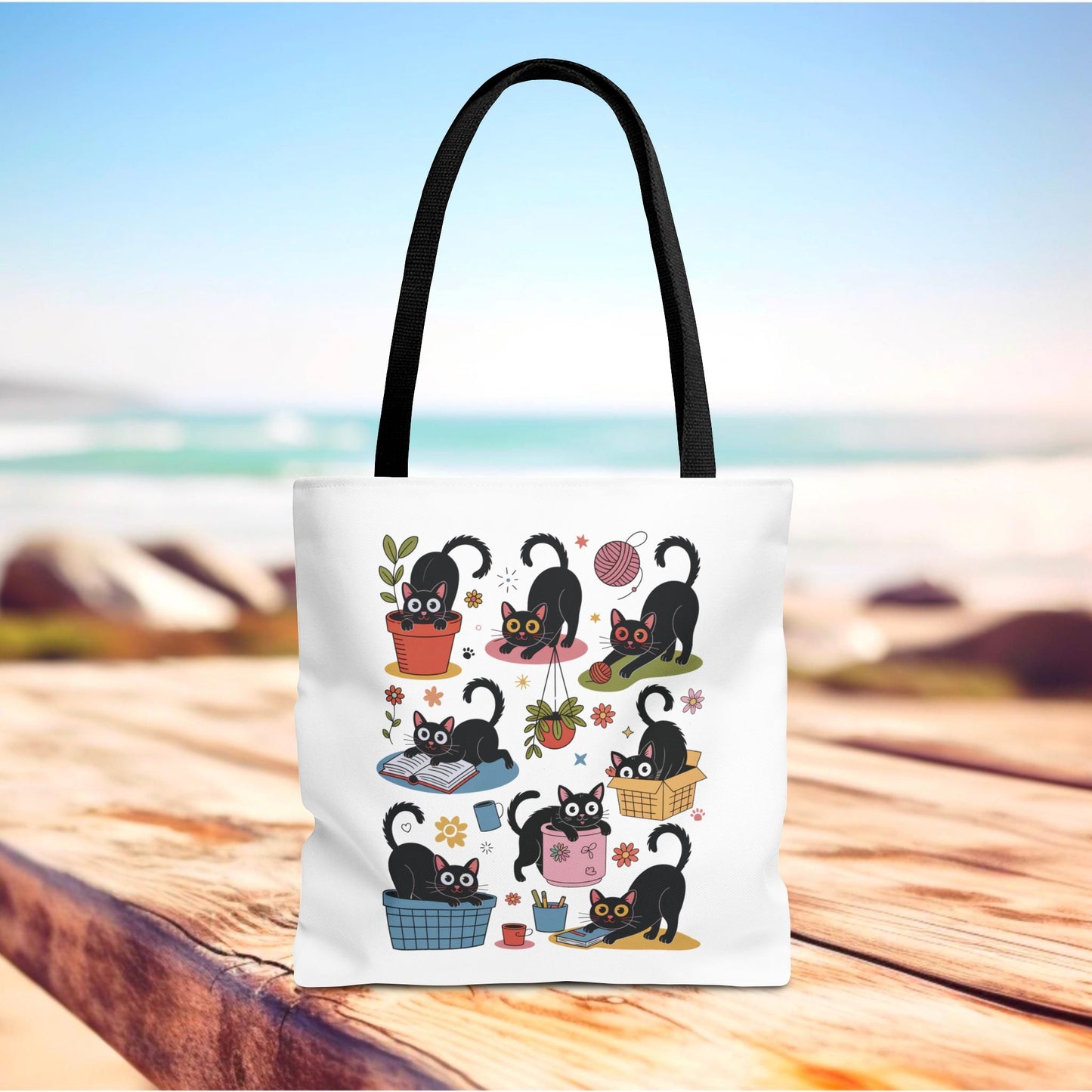 Cat Tote Bag - Curious Cat Design features a whimsical cat illustration, ideal for cat lovers. With reinforced stitching and boxed corners, it's perfect for errands or gifting. Available in multiple handle colors.