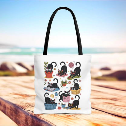Cat Tote Bag - Curious Cat Design features a whimsical cat illustration, ideal for cat lovers. With reinforced stitching and boxed corners, it's perfect for errands or gifting. Available in multiple handle colors.